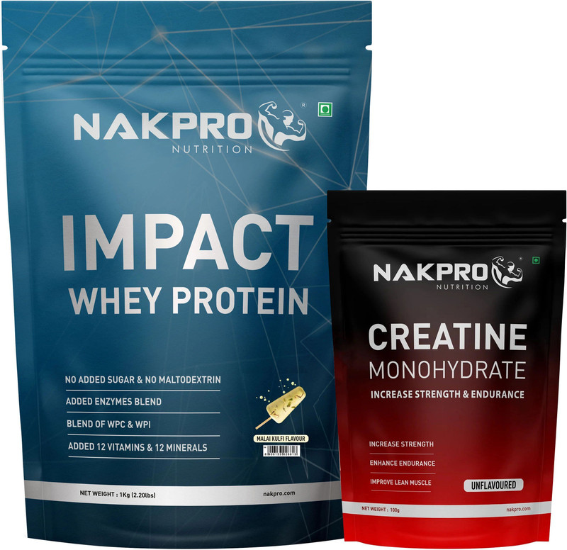 Nakpro Impact Whey Protein 1kg Isolate & Concentrate & 100g Creatine Monohydrate Powder Whey Protein(1.1 kg, Malai Kulfi + Unflavoured)