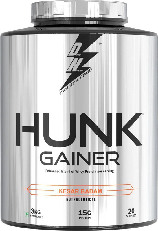 Dn With Divine Nutrition HUNK GAINER, 15g Protein, 150g per serving, 20 serving Weight Gainers/Mass Gainers(3 kg, KESAR BADAM)