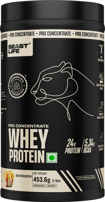 BeastLife 100% Whey Protein | 24g Protein, 5.3g BCAA | Ultrasorb Tech | High Absorption Whey Protein(453.6 g, Butterscotch)