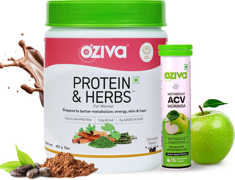 OZiva Protein & Herbs Women Weight loss Combo with Apple Cider Vinegar Fizzy Pack of 1 Whey Protein(453 g, Chocolate & Moringa)