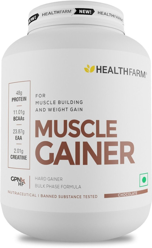 HEALTHFARM Muscle Gainer with High Protein and Carbs | Helps Gain Muscle Mass &amp; Body Weight Weight Gainers/Mass Gainers(3 kg, Chocolate)