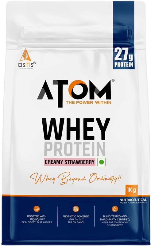 AS-IT-IS Nutrition ATOM Whey Protein 1kg with Digestive Enzymes, Creamy Strawberry, 27g protein Whey Protein(1 kg, Creamy Strawberry)