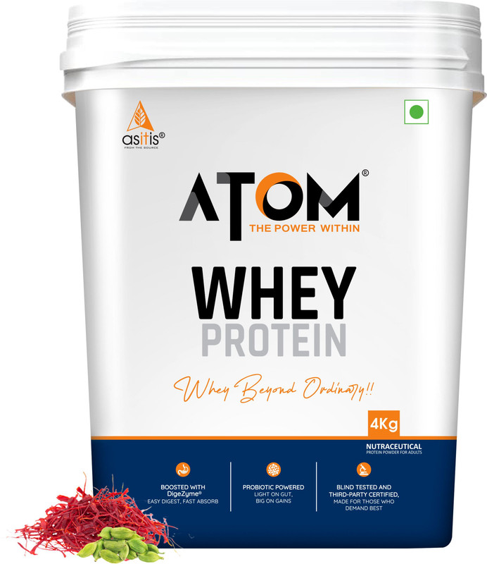 AS-IT-IS Nutrition ATOM with Digestive Enzymes | USA Labdoor Certified for Purity Whey Protein(4 kg, Kesar Elaichi)