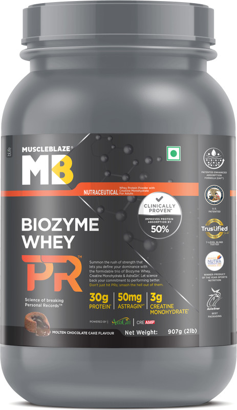 MUSCLEBLAZE Biozyme Whey PR with Creatine Monohydrate & AstraGin Whey Protein(907 g, Molten Chocolate Cake)