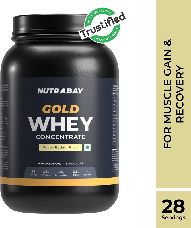 Nutrabay Gold 100% Whey Protein Concentrate with Digestive Enzymes & Vitamin Minerals Whey Protein(1 kg, Kesar Badam Pista)
