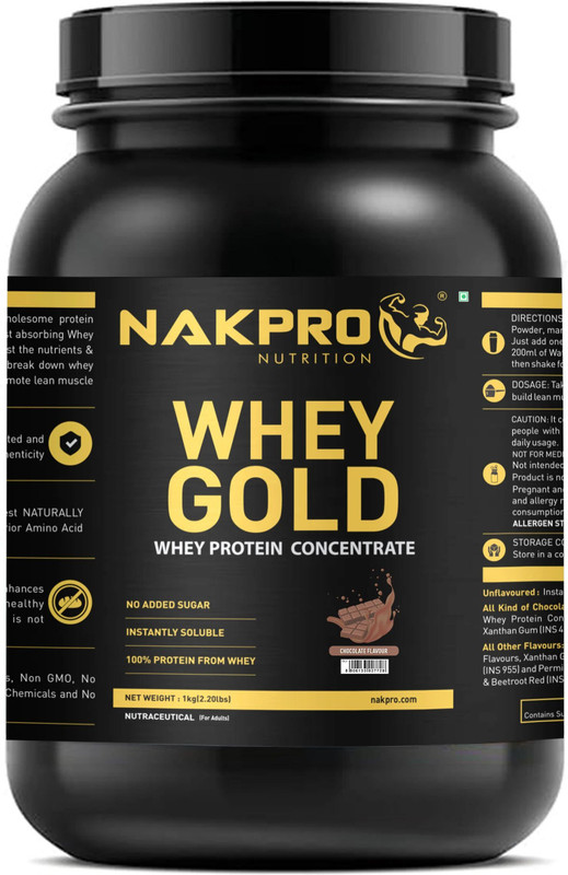 Nakpro Gold Whey Protein Concentrate, Jar - 25.5g Protein, Trustified Certified Whey Protein(1 kg, Chocolate)