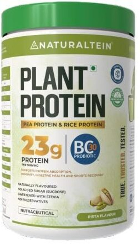NATURALTEIN Plant Protein – 23g Protein with BC30™ Probiotic, No Sugar Plant-Based Protein(500 g, Pista)