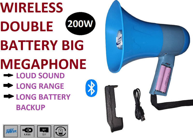 AIMERS LOng Range Megaphone Recorder, USB & Memory card input. Siren, Music (200 W) Wireless Bluetooth Big Megaphone with Rechargeable Double Battery Indoor, Outdoor PA System(200 W)