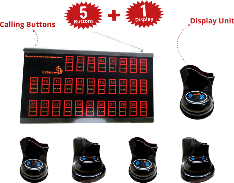 Pushpam Wireless Calling bell For Offices, Restaurants,(ACS-30), Pack of 5 buttons and 1 big display board with button stands, Wireless Calling Bell For Hotels Indoor PA System(12 W)