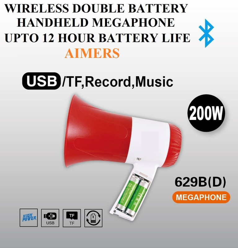 AIMERS USB Media Player & Siren HANDHELD DOUBLE BATTERY RECHARGEABLE MEGAPHONE) with Recording, BLUETOOTH Indoor, Outdoor PA System(200 W)