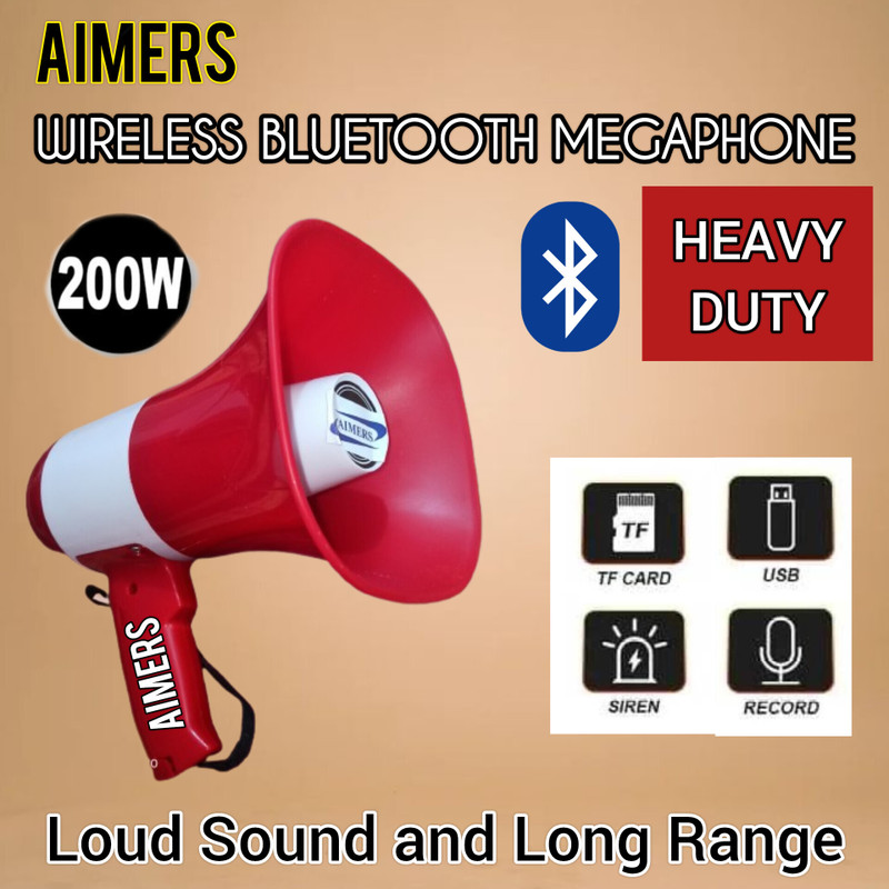 AIMERS 200W Wireless Bluetooth Megaphone Speaker/ Bullhorn Siren (High Sound) For Announcement With Recorder, USB And Memory card input. Long Sound Range Indoor, Outdoor PA System(200 W)