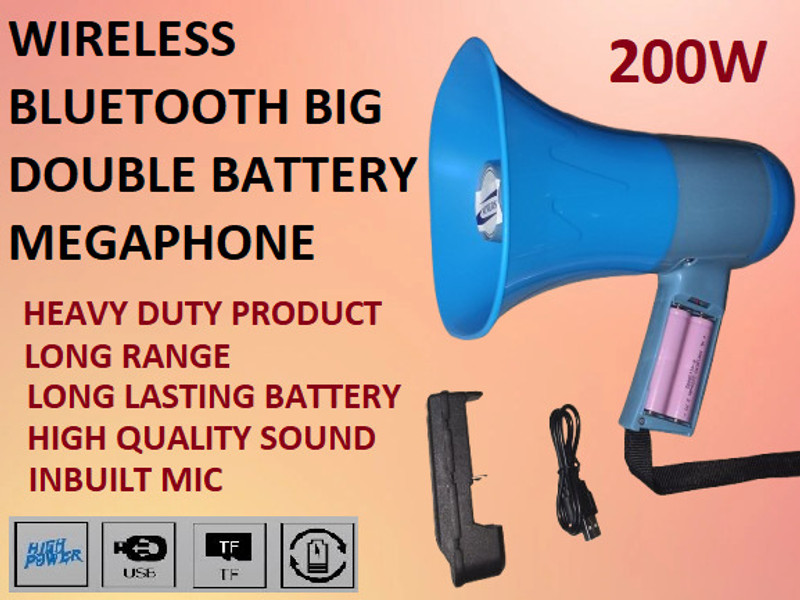 AIMERS LOng Range Megaphone Recorder, USB & Memory card input. Siren, Music (200 W) Wireless Big Megaphone for Announcement with Rechargeable Double Battery Indoor, Outdoor PA System(200 W)