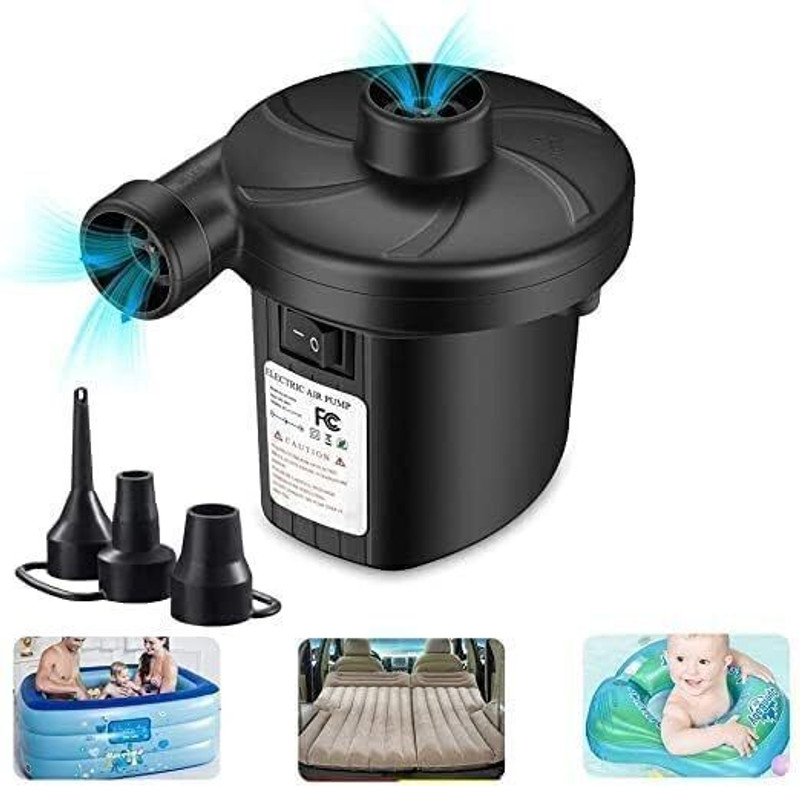 Kidoyz Portable Electric Air Pump with 3 Nozzles or Air Mattress,Swimming Pool,Balloons Inflatable Furniture Pump(Black)