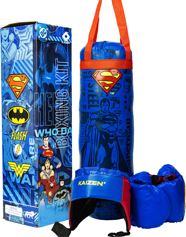 KAIZEN Superman Boxing Set for Kids – boxing bag with Gloves & Headgear – (Blue) Hanging Bag(1.5FT, 18 inch)