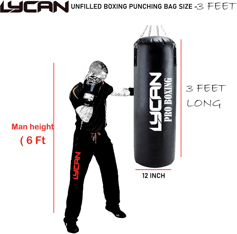 LYCAN Pro boxing bag ( unfilled ) 3feet long with hanging chain * handwrap pair Hanging Bag(3 FEET, 36 inch)