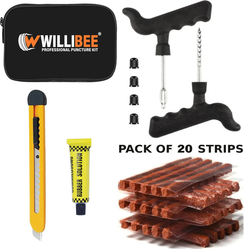 WILLIBEE 7-in-1 (Pack of 20 Puncher Strips) Tool Set for Bike & Car (with Storage Bag) Tubeless Tyre Puncture Repair Kit