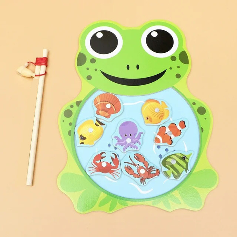 Plus Shine Montessori Fish Catching Toys Wooden Magnetic Fishing Games Magnetic Frog Toys(9 Pieces)