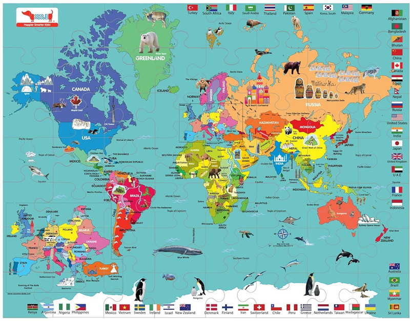 Cocomoco Kids World Map Puzzle for Kids, Learning and Educational Gift for Boys and Girls(56 Pieces)