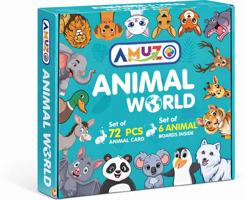 Amuzo Animal World – Interactive Learning Kit with Flashcards, Timer & Game Board(72 Pieces)