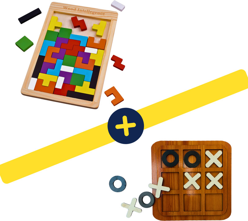 Gueran Set of Wooden Tic Tac Toe & Russian Blocks Puzzle For Kids XO Cross & Zero Game(2 Pieces)