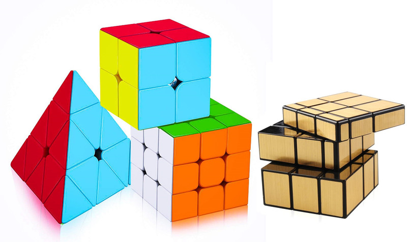 Authfort Speed Cube Bundle 2X2, 3X3, Pyramid & Gold Mirror Puzzle Set(4 Pieces)