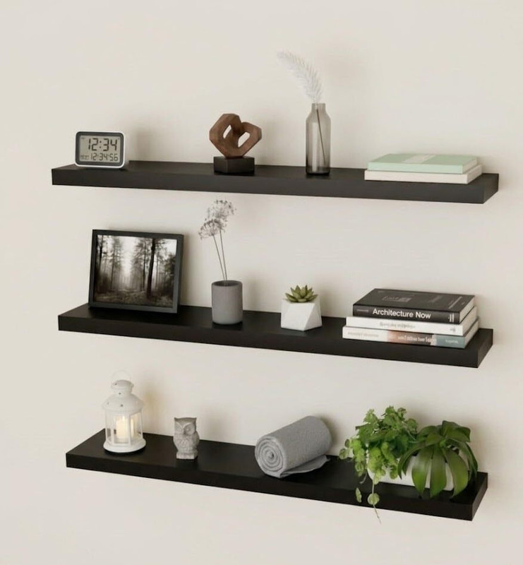 Hawari Set of 3 MDF Wall Shelves 16x5 Inch Wooden Floating Shelf Home Decor MDF (Medium Density Fiber), Wooden Wall Shelf(Number of Shelves - 3, Black)