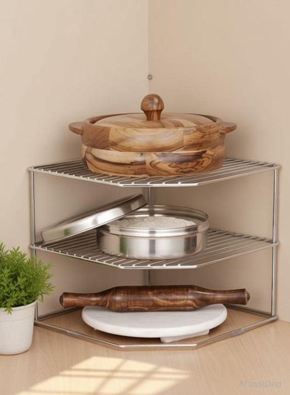 Rizik Store Stainless Steel Multipurpose Kitchen Corner Shelf Rack Stand/Chakla Belan Storage Steel Wall Shelf(Number of Shelves - 3, Steel, Silver)