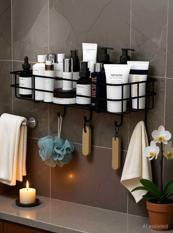 Zolento Self-Adhesive Bathroom Shelf, Rustproof Wall Storage Rack with 4 Hooks Iron Wall Shelf(Number of Shelves - 2, Black)