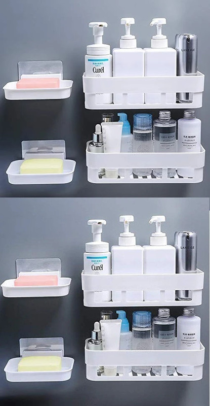 YIXTY Bathroom Shelf Kitchen Shelf Soap Box Stand Combo - Wall Mount Bathroom Accessories for Home Decor with Self Adhesive Sticker - White (Combo Bathroom Shelves 4Pcs+ Soap Stand 4Pcs) Plastic Wall Shelf(Number of Shelves - 8, White)