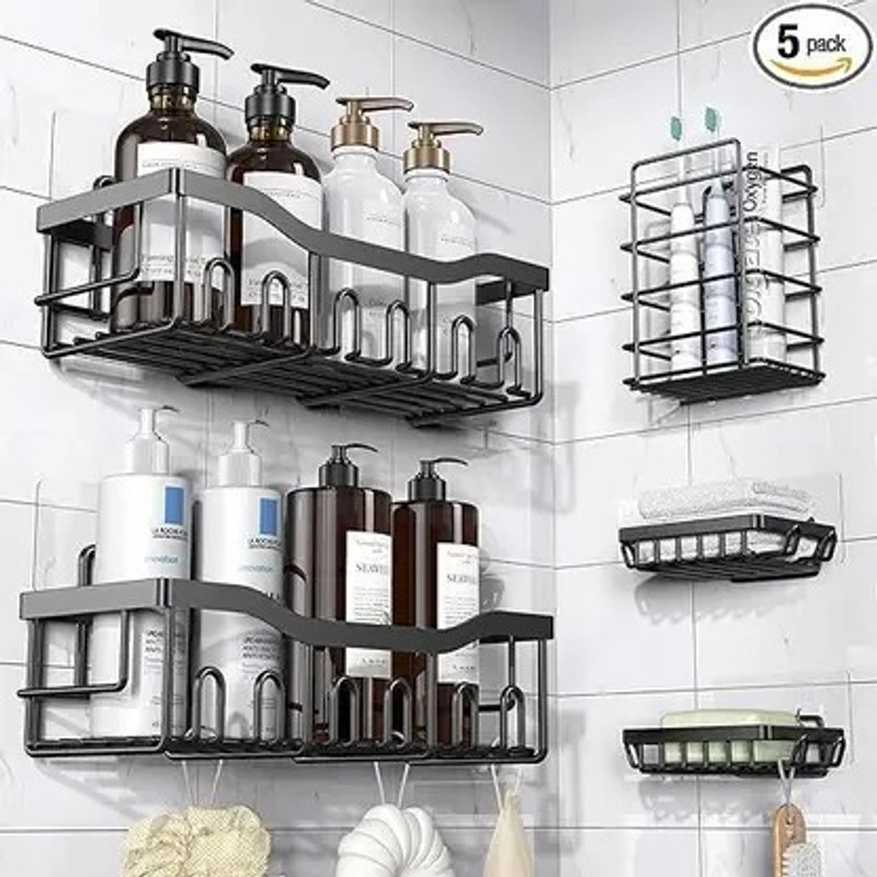 LUXEHOME 5 pcs Bathroom Organizer, Self adhesive Stainless Steel Wall Shelf(Number of Shelves - 5, Black)