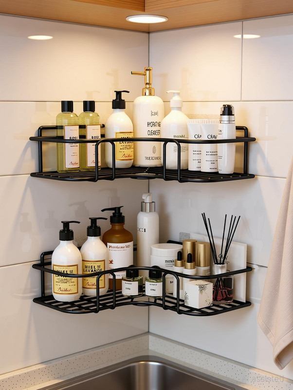 M Y Sticker Mounted Bathroom Corner/ Shelf/ Rack/ Storage Organizer Iron Wall Shelf(Number of Shelves - 2, Black)