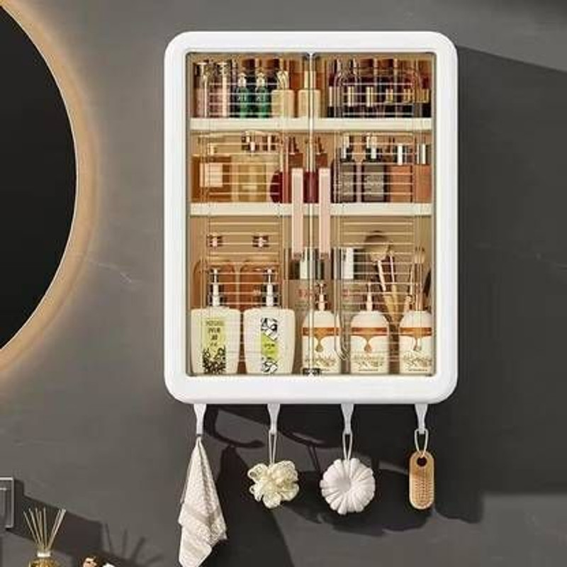 Bhakti Wall-Mounted Self-Adhesive Bathroom & Kitchen Organiser with Doors and Shelves Plastic Wall Shelf(Number of Shelves - 3, White)