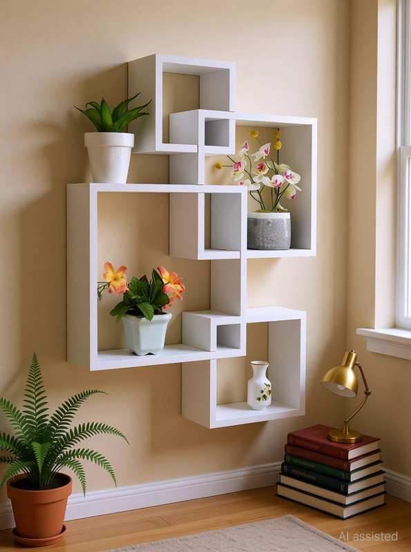 WOODENXDECOR Floating Shelves Intersecting Wall Mounted Wooden Wall Shelf(Number of Shelves - 4, White)