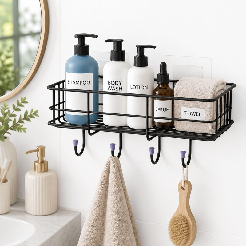 SHIVENTERPRRISE Wall Mount Bathroom Storage Rack with Hooks Kitchen Shelf Organizer Stainless Steel Wall Shelf(Number of Shelves - 1, Black)