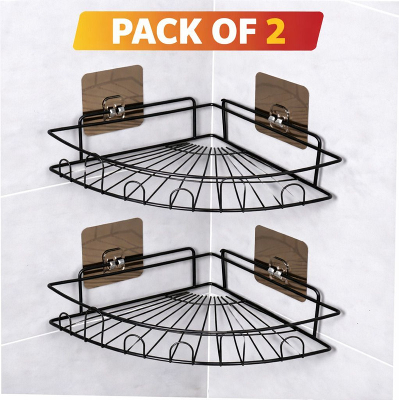 AJSP Flower Shape Corner for Bathroom Home and Kitchen Adhesive Sticker Pack of 2 Iron Wall Shelf(Number of Shelves - 2, Black)
