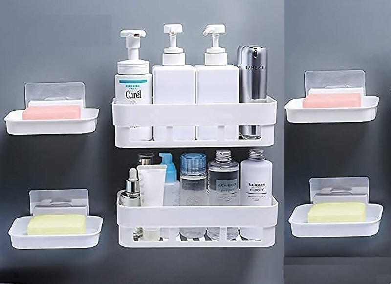 Qrex Pack Of 6 ABS Plastic Multiperurpose Home Kitchen Bathroom Accessories Traceless Self Adhesive Wall Mounted No Drill Soap Dish Holder And Bhathroom Shelves Stick for Shampoo; Conditioner Shower Caddy Rack Shelf with Strong Adhesive Magic Sticker (2 Bhathroom Shelves + 4 Soap Dish Holder,WhiteCo
