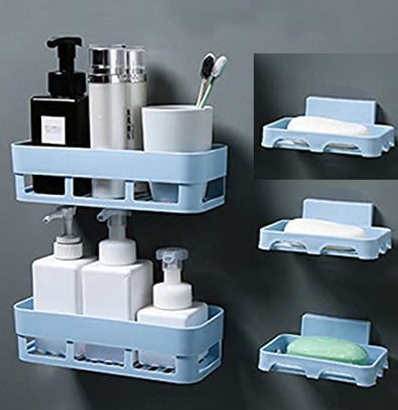 Qrex PacK Of 5 Pcs Bathroom Toothpaste Stand with Toothbrush Holder Abs Plastic Toothpaste Holder Dust-Proof Wall Mounted with Cover Bathroom Storage Stand & Toothbrush Holder with Sampoo Botal Holder & soap stand for Home in Bath Accessories with Strong Adhesive Magic Sticker (2 Bathroom shelves +