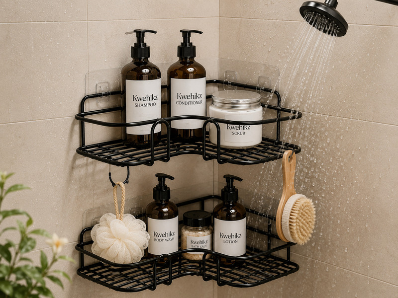 kwehikz Wall Mount Bathroom & Kitchen Corner & Soap Rack For Home (2 Rack in 1 Pack) Steel Wall Shelf(Number of Shelves - 2, Black)