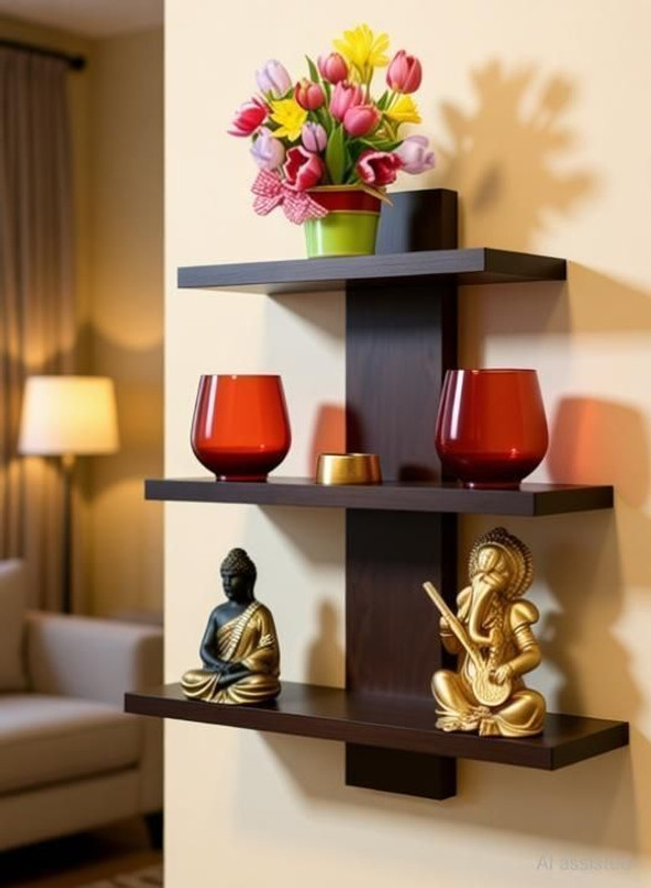 Angelcraft Wooden Wall Shelf(Number of Shelves - 3, Brown)