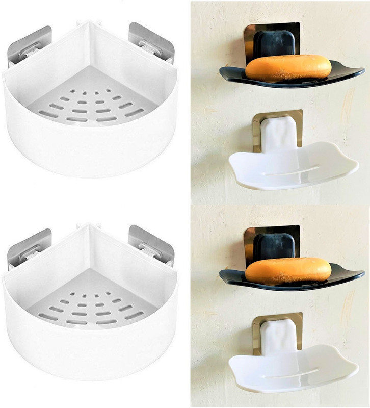 radhesyam 6PC Combo Self-Adhesive Plastic Bathroom Round Corner Shelf Rack with Soap Stand(White)