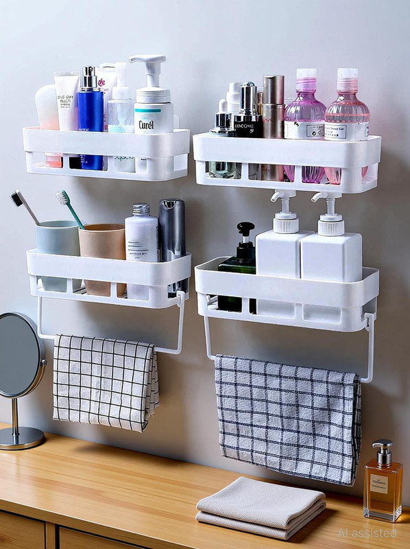 WORA Damage-Free Bathroom Storage Rack: Space-Saving Organizer for Skincare Plastic Wall Shelf(Number of Shelves - 4, White)