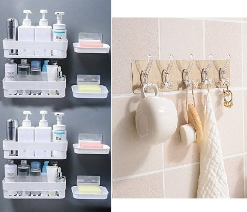 Sokmak 9PC Plastic Bathroom Item Accessories Soap Dish Shampoo Stand and 6 Hook Hanger(White)