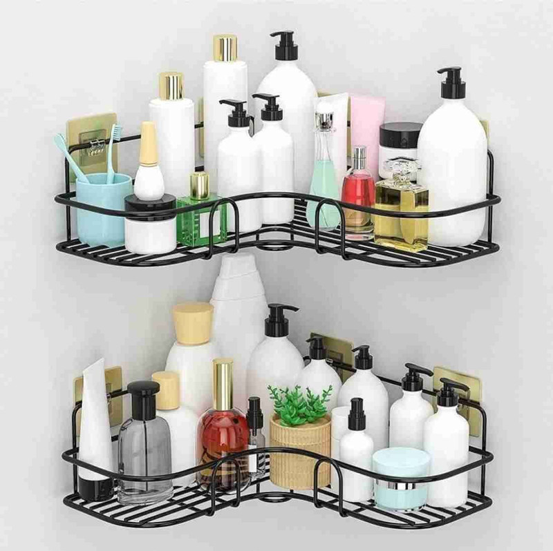 Haitoz Multipurpose Self Adhesive Wall-Mounted Corner Storage Rack Bathroom 1 pcs Iron Wall Shelf(Number of Shelves - 1, Black)