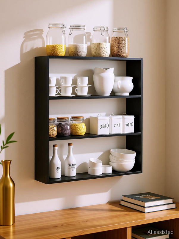 woodinzo Wooden Kitchen Shelf Racks Wall Shelf Rack For Kitchen Storage Boxes MDF (Medium Density Fiber) Wall Shelf(Number of Shelves - 4, Black)