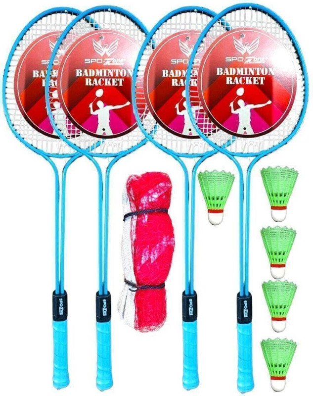 SPO Zone Double Shaft Badminton Racquet With Shuttle 5 Piece With Net Blue Strung Badminton Racquet(Pack of: 9, 110 g)