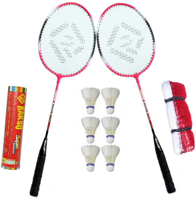 Rakso GR-300 Strung Badminton Racket Set OF 2 PCS WITH 6 feather SHUTTLECOCK 1 net Multicolor Strung Badminton Racquet(Pack of: 8, 270 g)