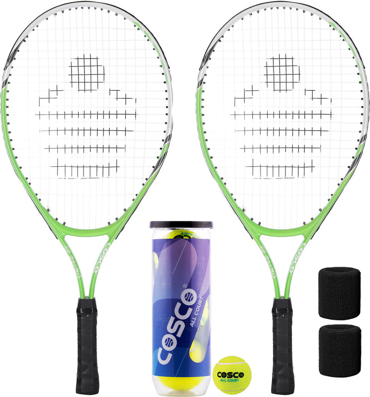 COSCO Tennis Racket 2 Pcs, Tennis Ball 3 Pcs, Wrist Band 2 Pcs, 23 Inch, Aluminium Multicolor Strung Tennis Racquet(Pack of: 1, 270 g)