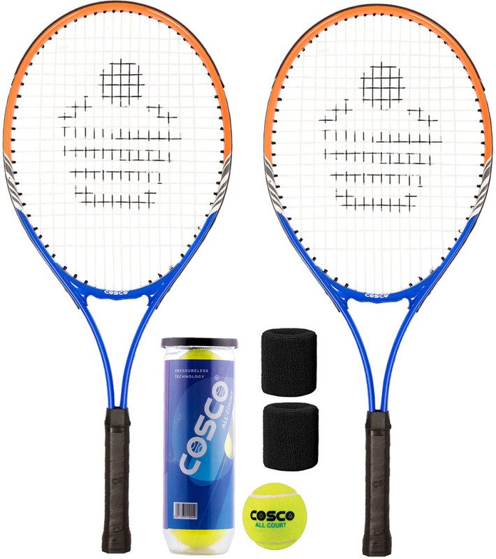 COSCO Drive-27 X 1 Tennis Racket + 3 All Court Tennis Balls + 2 Wrist Band + 1 Cover Orange Strung Tennis Racquet(Pack of: 1, 190 g)