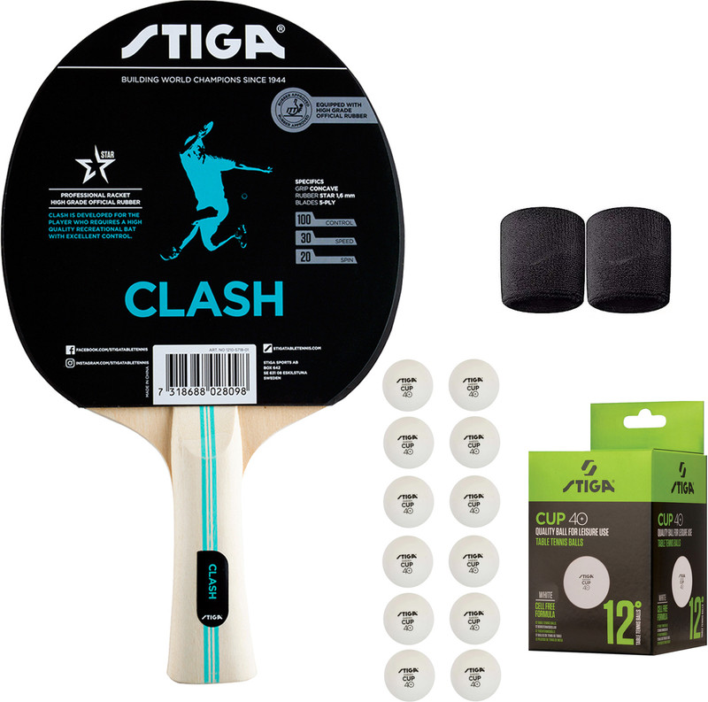 COSCO Table Tennis Kit - ( 1 Stiga Clash Bat, 12 Stiga Cup 40+ Balls, 2 Wrist Band) Multicolor Table Tennis Racquet(Pack of: 1, 170 g)