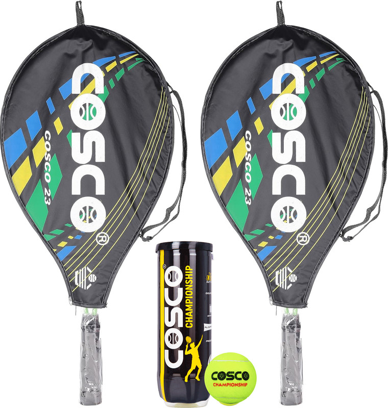 COSCO Drive-23 X 1 Tennis Racquet (23 inch_6 to 8 years) And 3 Pcs Tennis Balls Multicolor Strung Tennis Racquet(Pack of: 1, 270 g)